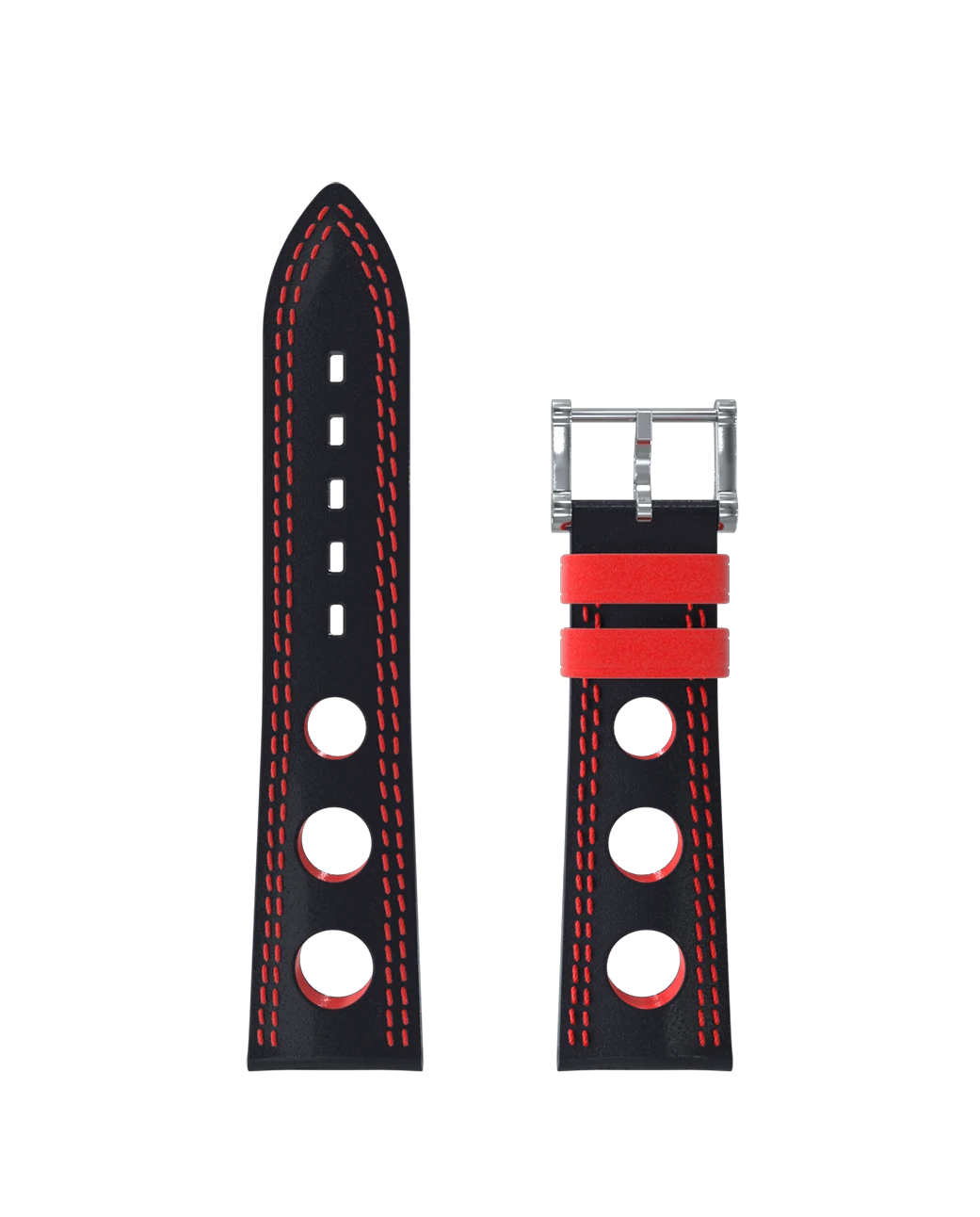 Bracelet Montre En Cuir Véritable Noir 20mm - Coutures Rouges - Boucle Déployante