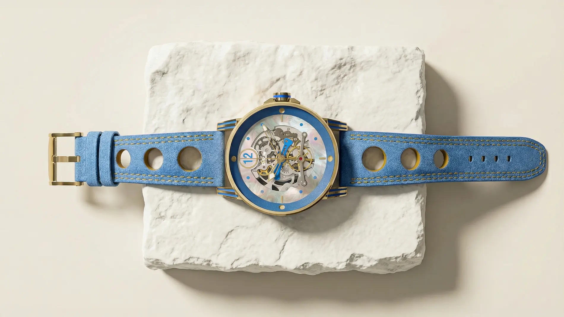 B.R.M Chronograph mit skelettiertem Werk und blauem Armband, auf einem hellen Stein liegend