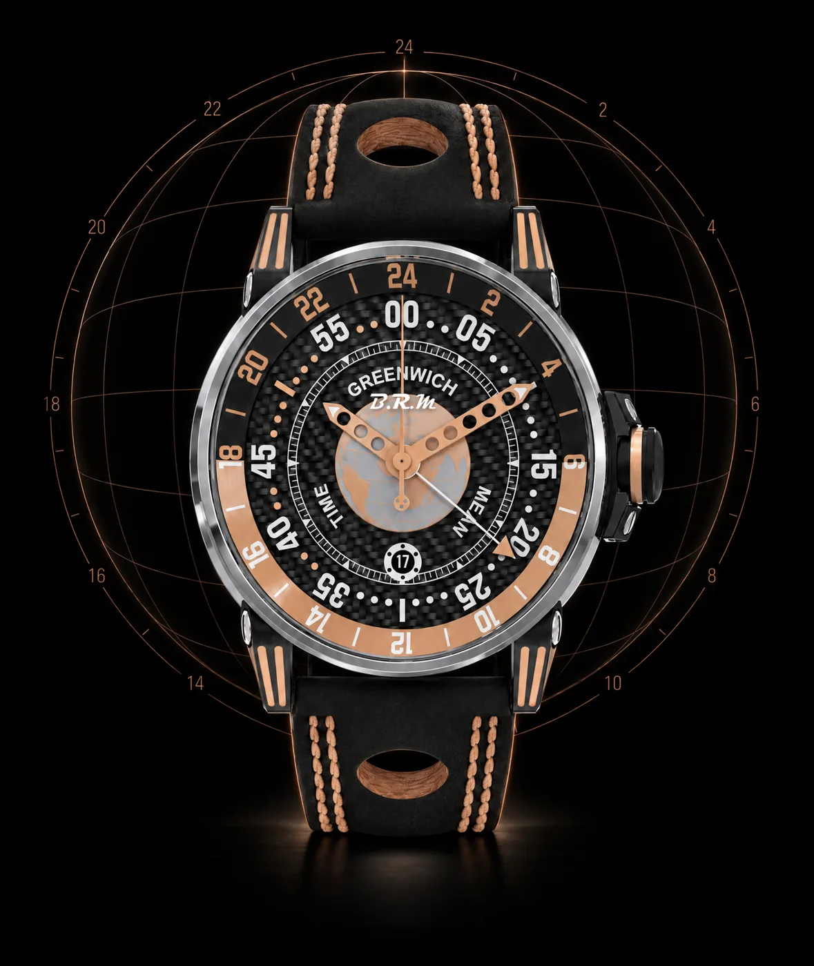 V6-44 GMT Dubai Noir 5N من الأمام، قرون مطلية بـ PVD أسود ملمّعة 5N، سوار Alcantara مثقّب