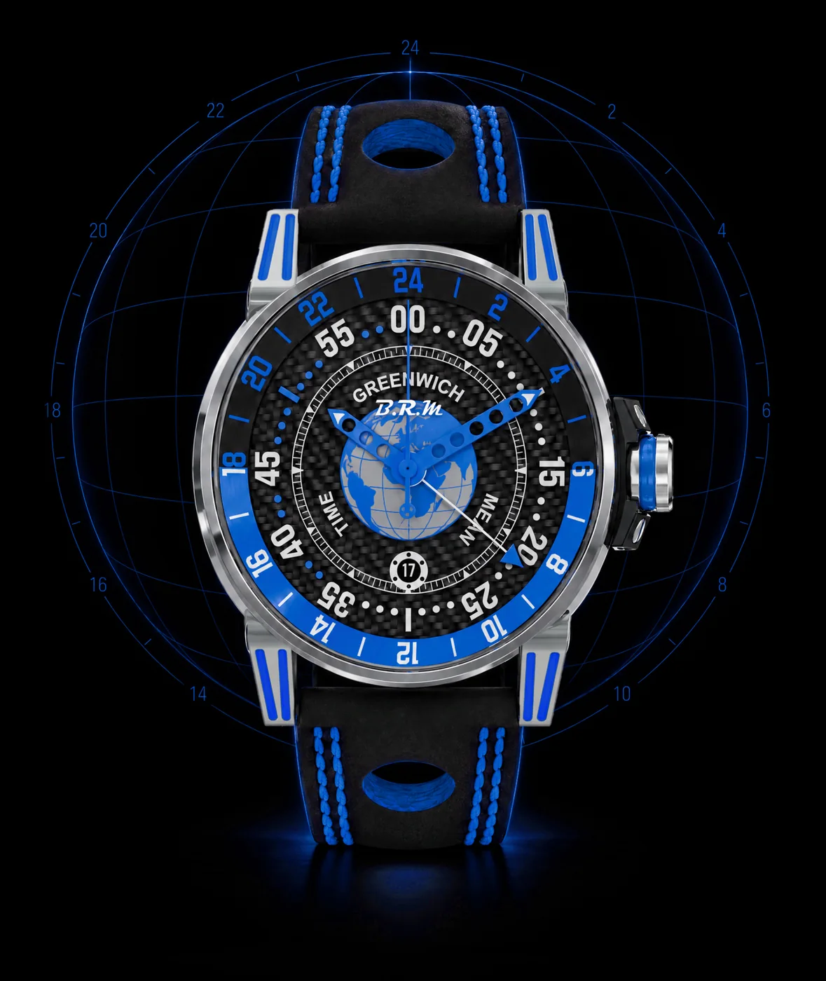 V6-44 GMT Paris Blue من الأمام، سوار Alcantara مثقّب