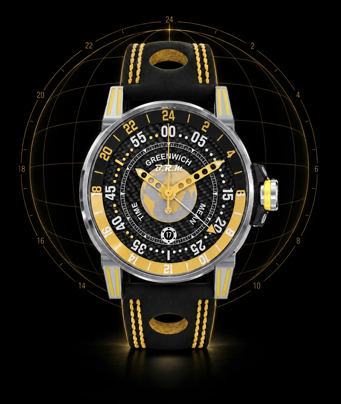 V6-44 GMT Mumbai Yellow من الأمام، سوار Alcantara مثقّب