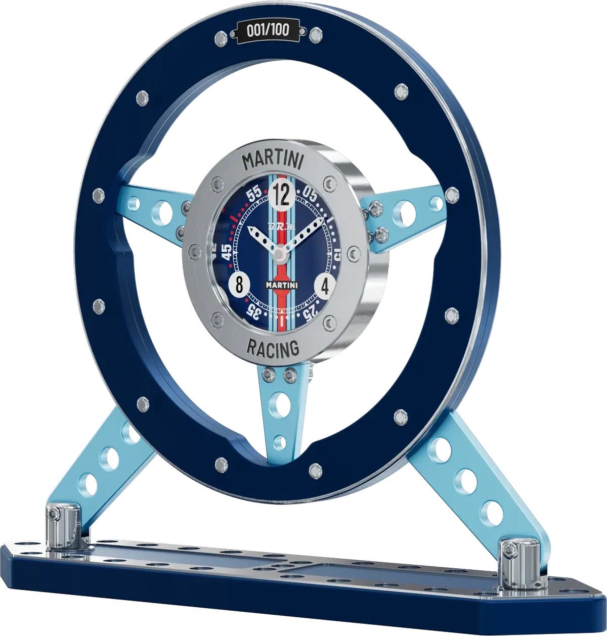 Das Lenkrad PV-300 von Clock Machines in Martini-Racing-Lackierung: dunkelblauer Kranz, hellblaue durchbrochene Speichen, Zifferblatt mit drei Streifen