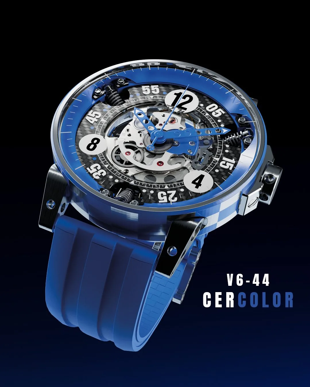 V6-44 Cercolor, skelettiertes Zifferblatt und blaues Kautschukband