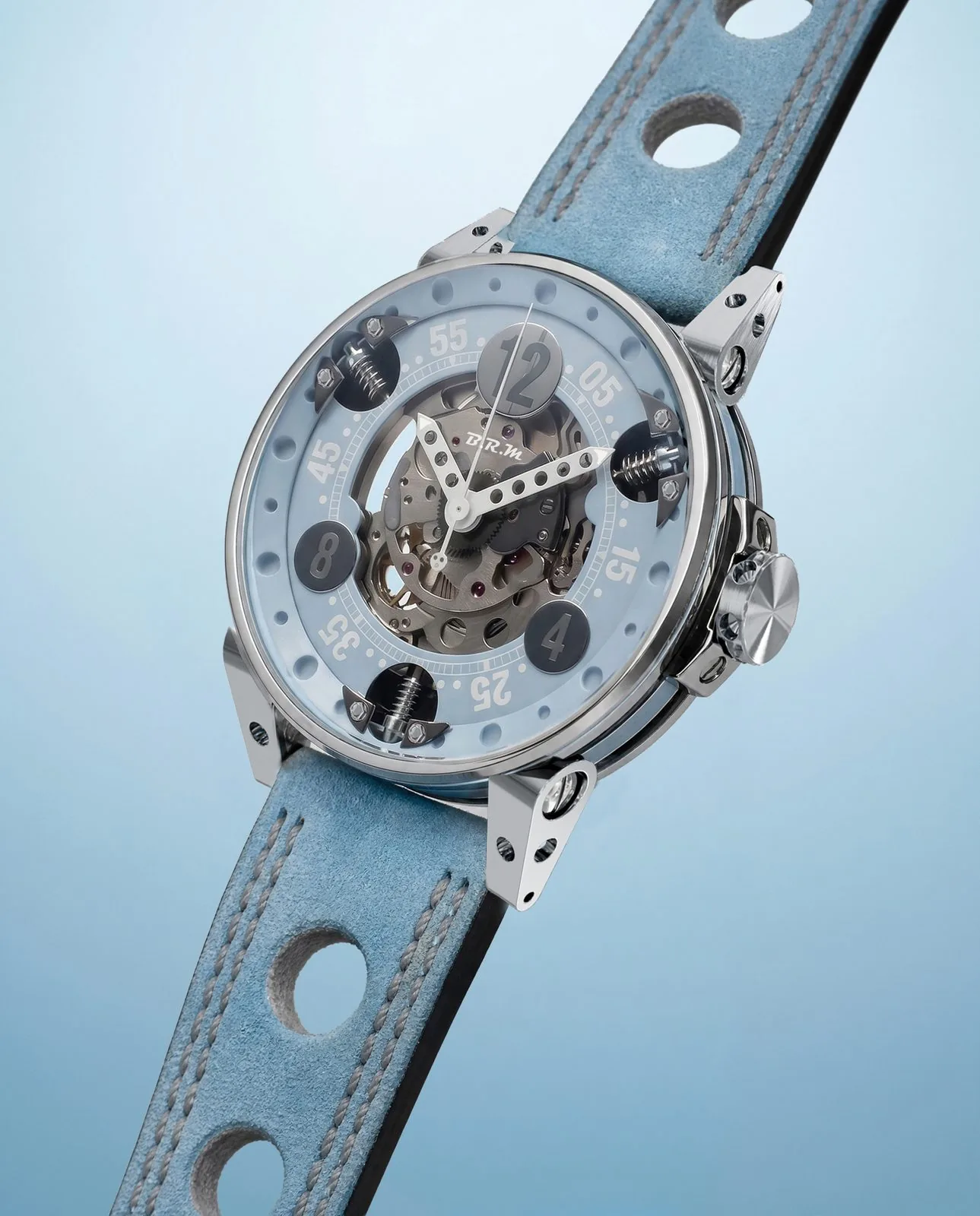 V6-44 Keramik Himmelblau, Skelettzifferblatt und gelochtes Armband